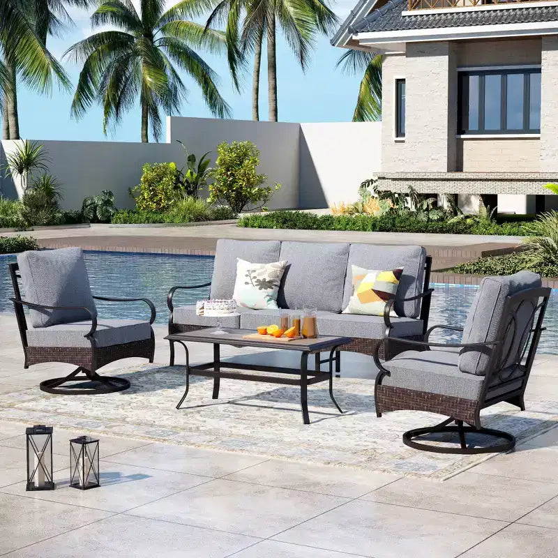 Captiva Designs extra grote 4-delige metalen en rotan loungeset voor buiten met draaibare eenpersoonssofa's