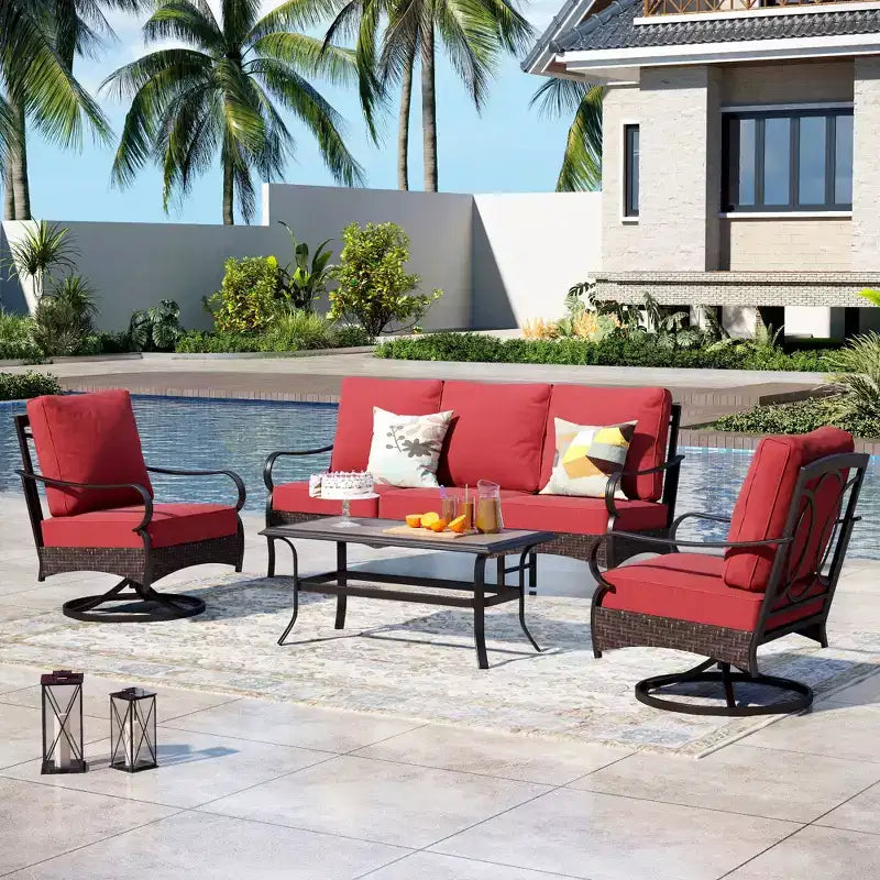 Captiva Designs extra grote 4-delige metalen en rotan loungeset voor buiten met draaibare eenpersoonssofa's
