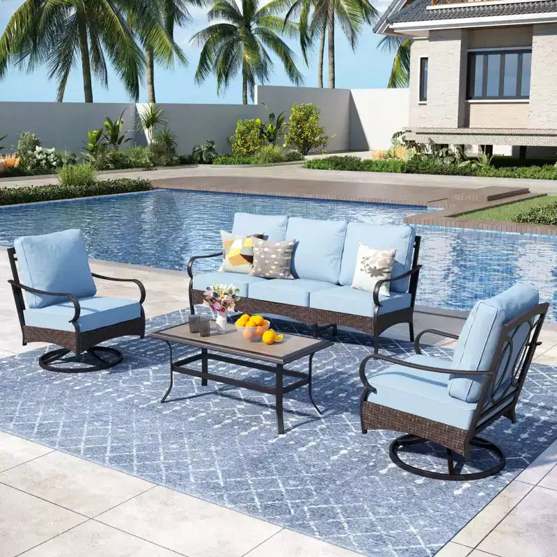 Captiva Designs extra grote 4-delige metalen en rotan loungeset voor buiten met draaibare eenpersoonssofa's