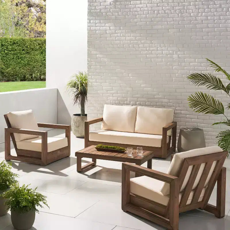Christopher Knight Home Andrae 4-zits loungeset voor buiten van acaciahout met kussens, bruin en beige