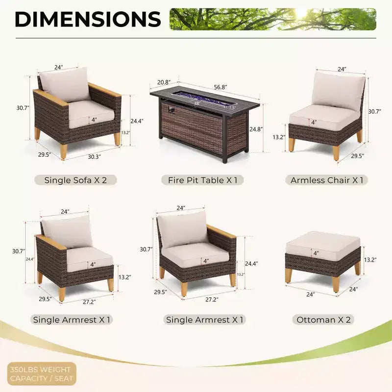 Captiva Designs 8-delige modulaire loungeset van riet voor buiten, met vuurtafel en gevoerde voetenbank