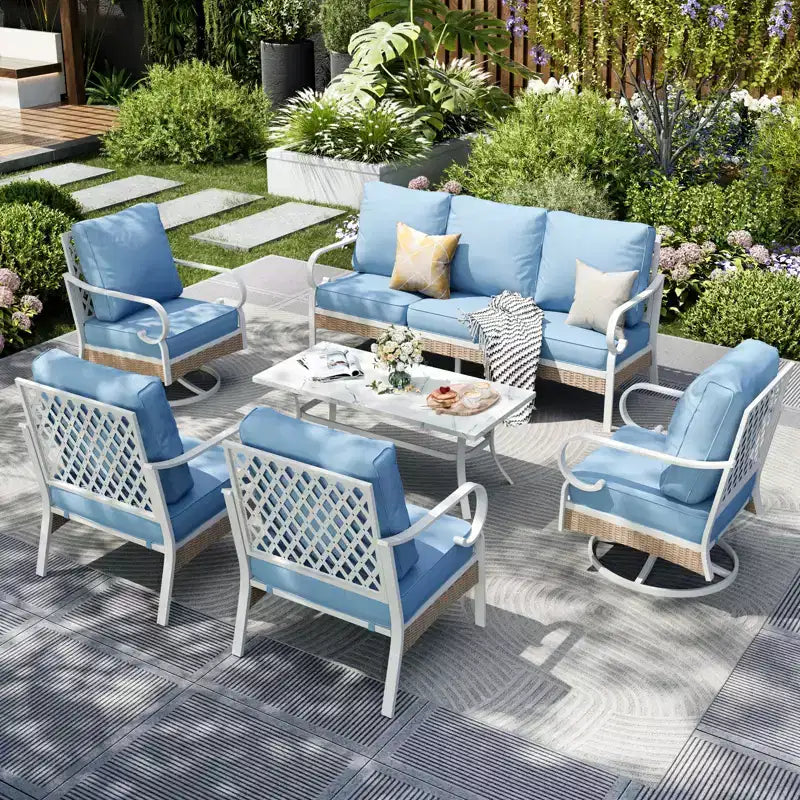 Captiva Designs 6-delige extra grote metalen en rotan loungeset voor buiten met draaibare stoelen met rasterrugleuning en tafel