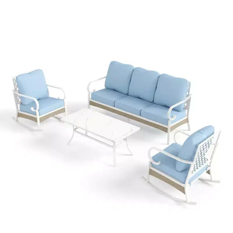 Captiva Designs 4-delige extra grote metalen en rotan loungeset voor buiten met schommelstoelen met rasterrugleuning en tafel