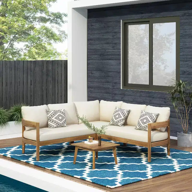 GDFStudio Burrough loungeset voor buiten van acaciahout voor 5 personen, met kussens, teak/beige