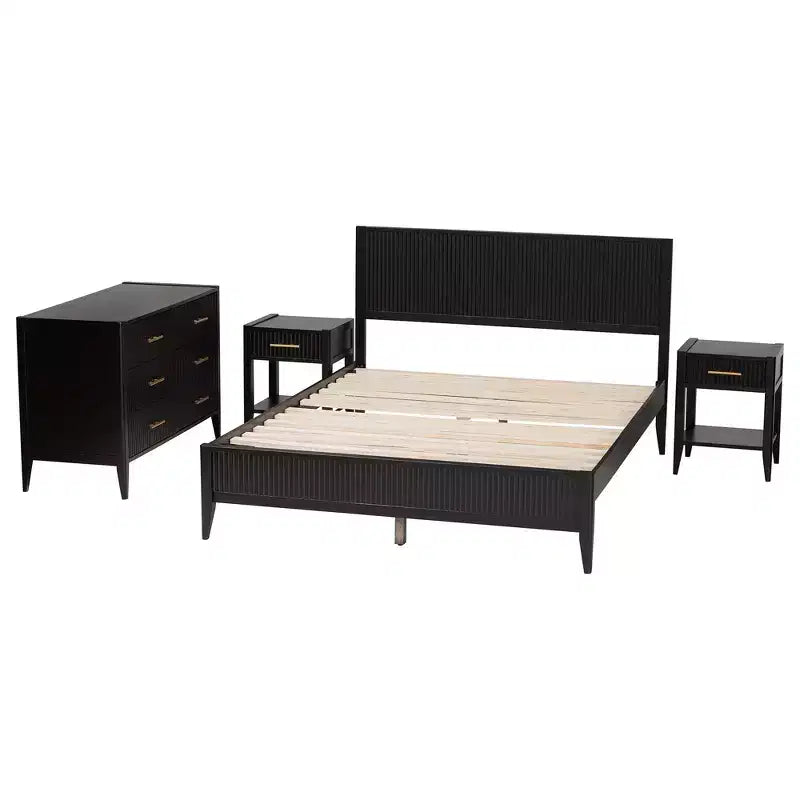Baxton Studio Primrose vierdelige slaapkamermeubelset van zwart gecanneleerd hout in mid-century-stijl