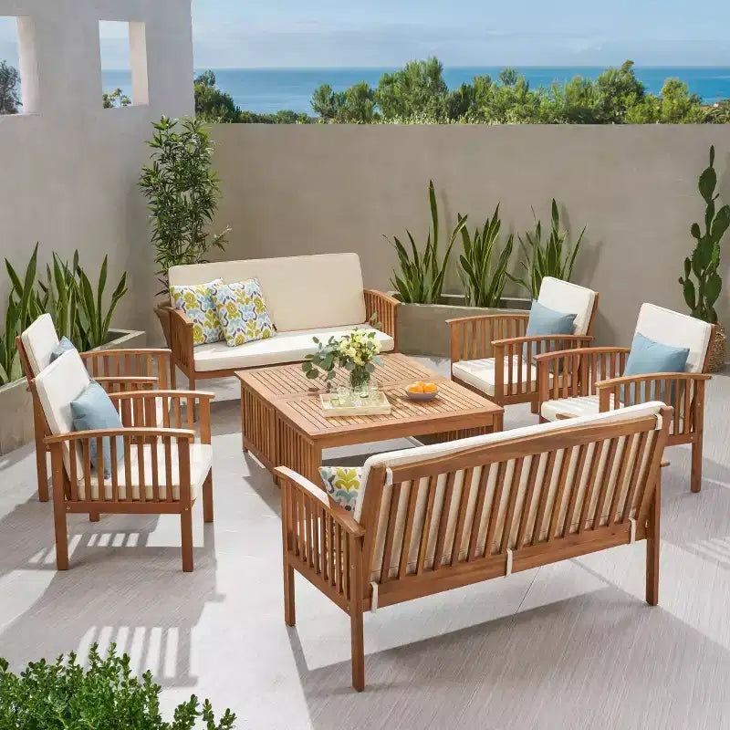 Christopher Knight Home Navan Outdoor Acacia Wood 8 Seater Chat Set with Water-Resistant Cushion