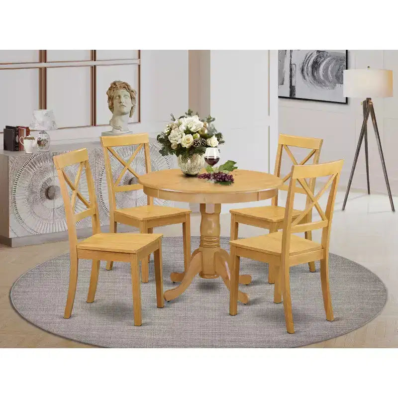 HomeStock Modern 5 Piece Round Dining Table Set Oak Finish