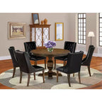 HomeStock Round Dining Table Set with 6 Chairs Distressed Jacobean