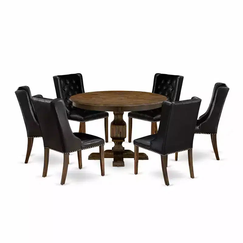 HomeStock Round Dining Table Set with 6 Chairs Distressed Jacobean