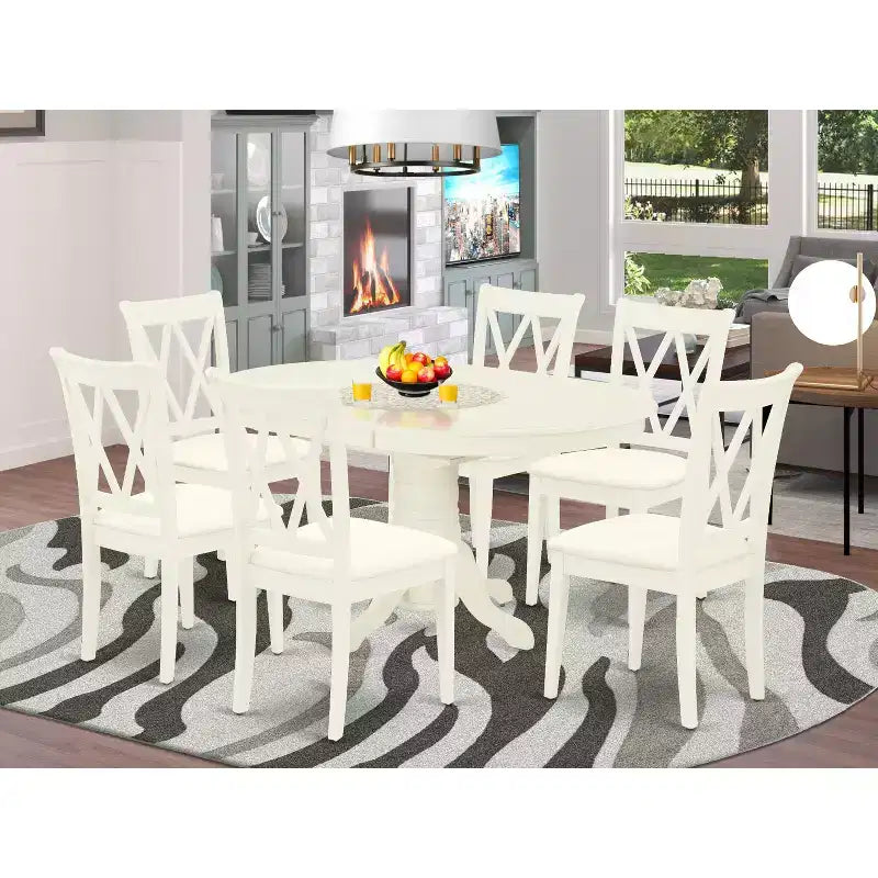 HomeStock 7 Piece Linen White Dining Room Table Set Oval Table with 6 Chairs