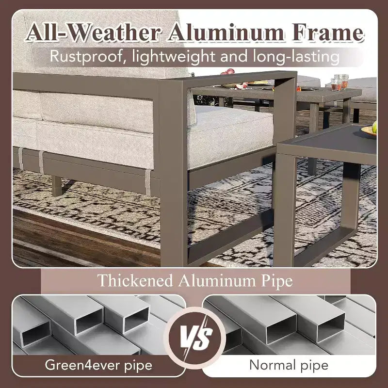 Heynemo aluminium tuinmeubelset met vuurtafel, 6-delige metalen loungeset voor buiten met hoekbank en salontafel