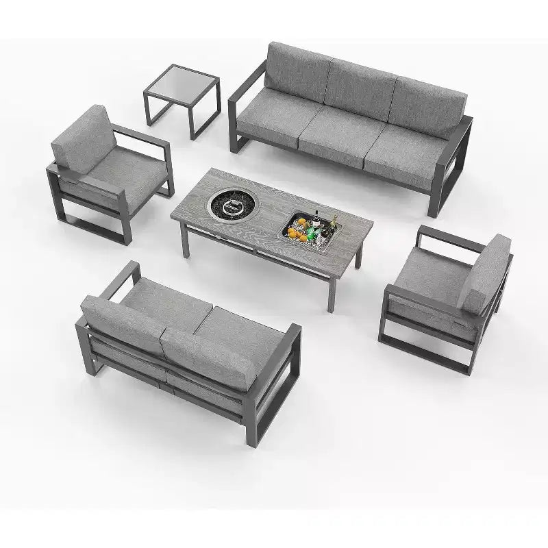 Heynemo aluminium tuinmeubelset met vuurtafel, 6-delige metalen loungeset voor buiten met hoekbank en salontafel