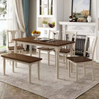6-Piece Dining Table Set Dining Set with 4 Chairs with Bench, Classic Retro Style, Brown+Cottage White-HABITRIO