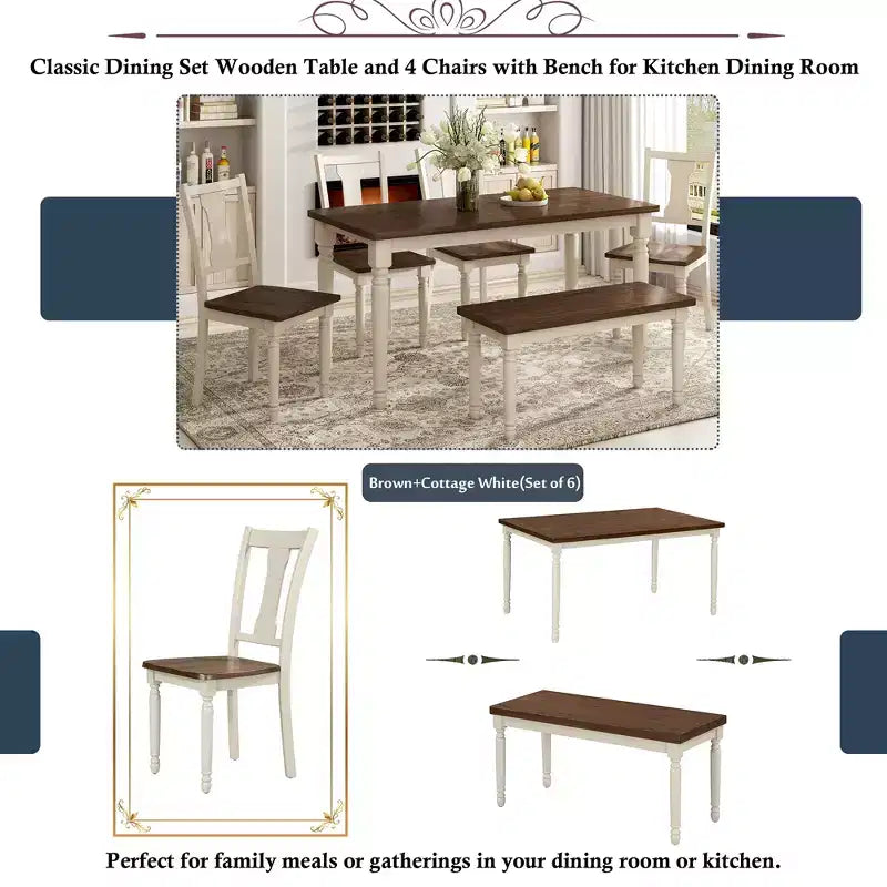 6-Piece Dining Table Set Dining Set with 4 Chairs with Bench, Classic Retro Style, Brown+Cottage White-HABITRIO