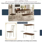 6-Piece Dining Table Set Dining Set with 4 Chairs with Bench, Classic Retro Style, Brown+Cottage White-HABITRIO