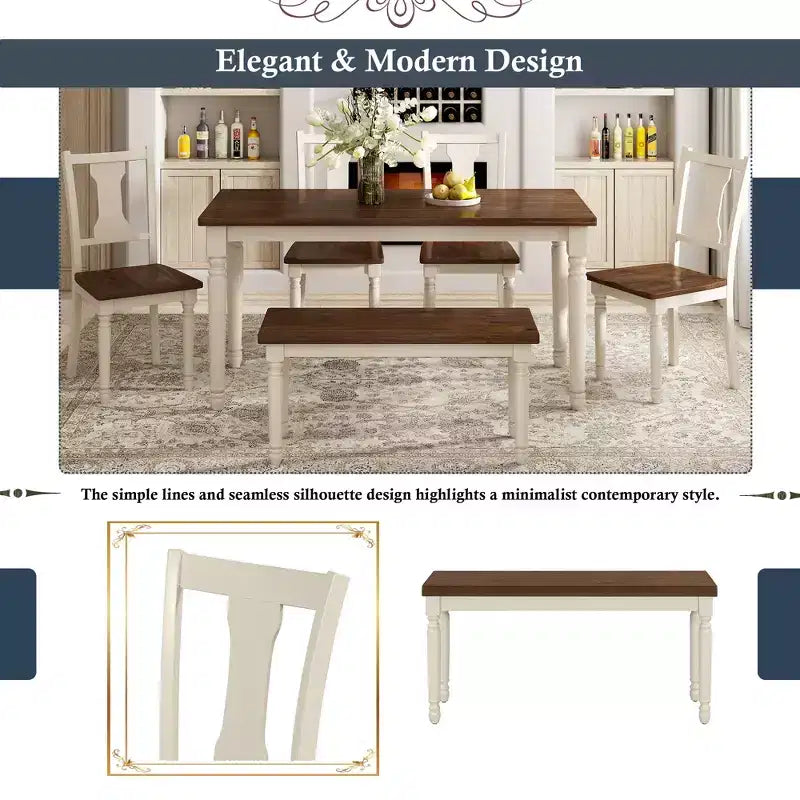 6-Piece Dining Table Set Dining Set with 4 Chairs with Bench, Classic Retro Style, Brown+Cottage White-HABITRIO