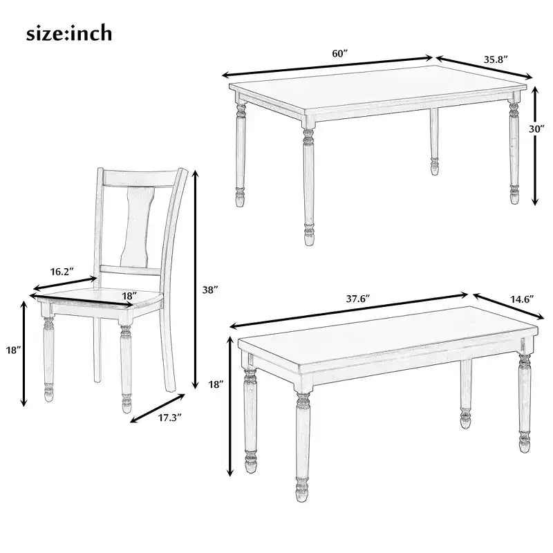 6-Piece Dining Table Set Dining Set with 4 Chairs with Bench, Classic Retro Style, Brown+Cottage White-HABITRIO