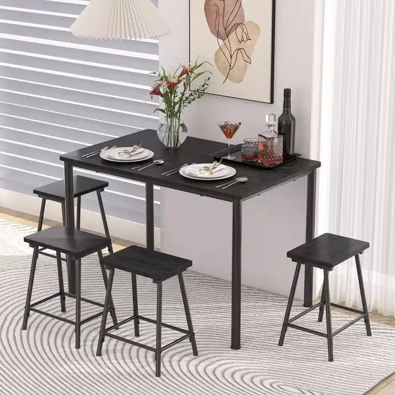 VECELO 5 Piece Dining Table & Chairs Set for 4, Kitchen Furniture MDF Board and Rectangular Metal Frame, Space-Saving, Black/Brown/Oak