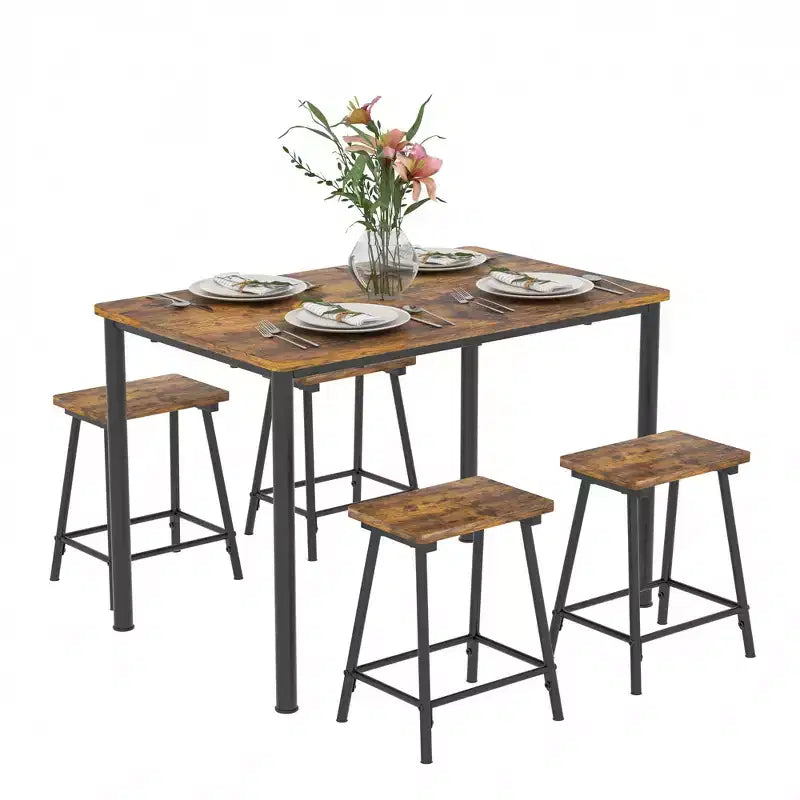 VECELO 5 Piece Dining Table & Chairs Set for 4, Kitchen Furniture MDF Board and Rectangular Metal Frame, Space-Saving, Black/Brown/Oak