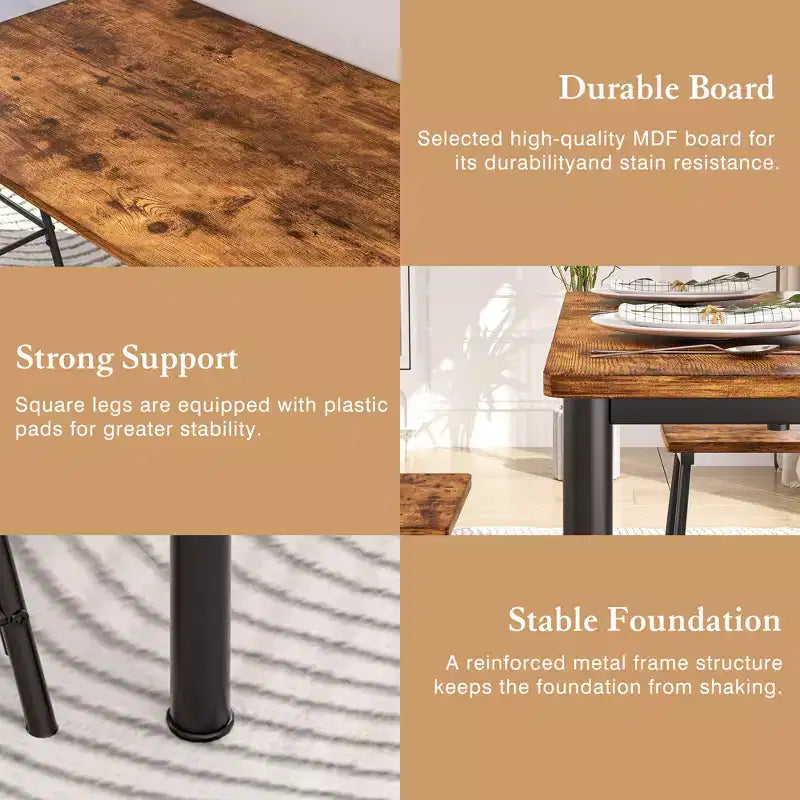 VECELO 5 Piece Dining Table & Chairs Set for 4, Kitchen Furniture MDF Board and Rectangular Metal Frame, Space-Saving, Black/Brown/Oak