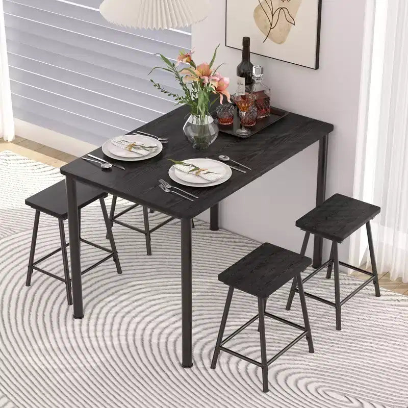 VECELO 5 Piece Dining Table & Chairs Set for 4, Kitchen Furniture MDF Board and Rectangular Metal Frame, Space-Saving, Black/Brown/Oak