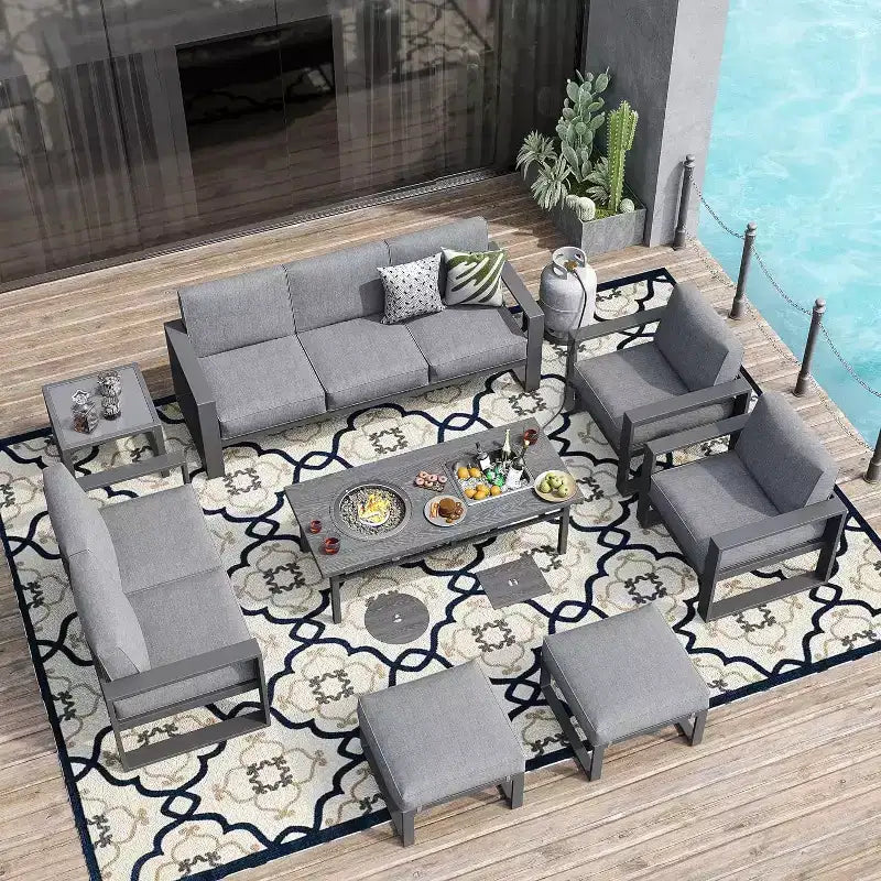 Heynemo aluminium terrasmeubelset met vuurtafel, 8-delige zitset voor buiten met hoekbank, sofa, voetenbankjes en salontafel