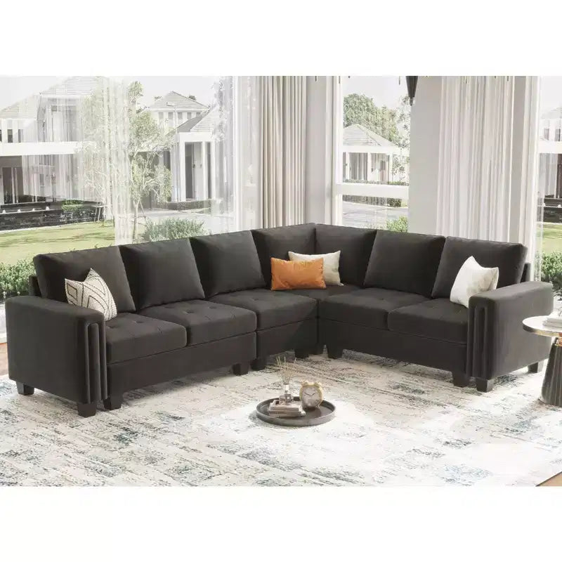 Belffin Modular Velvet Tufted L Shaped Sofa Couch with Reversible Chaise Convertible Modular Sectional Sofa Set with Storage Ottoman