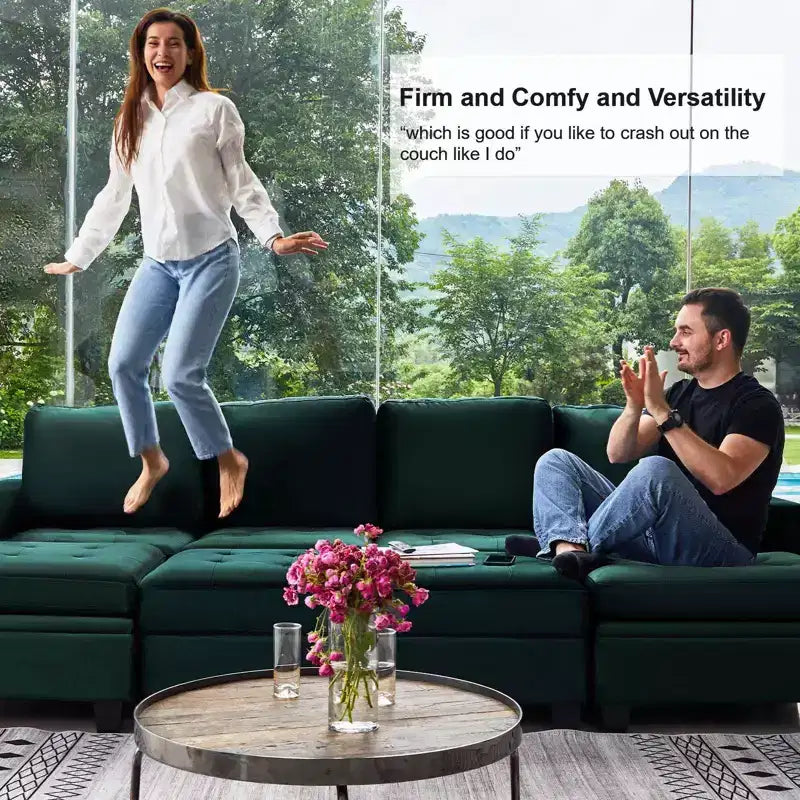 Belffin Modular Velvet Tufted L Shaped Sofa Couch with Reversible Chaise Convertible Modular Sectional Sofa Set with Storage Ottoman