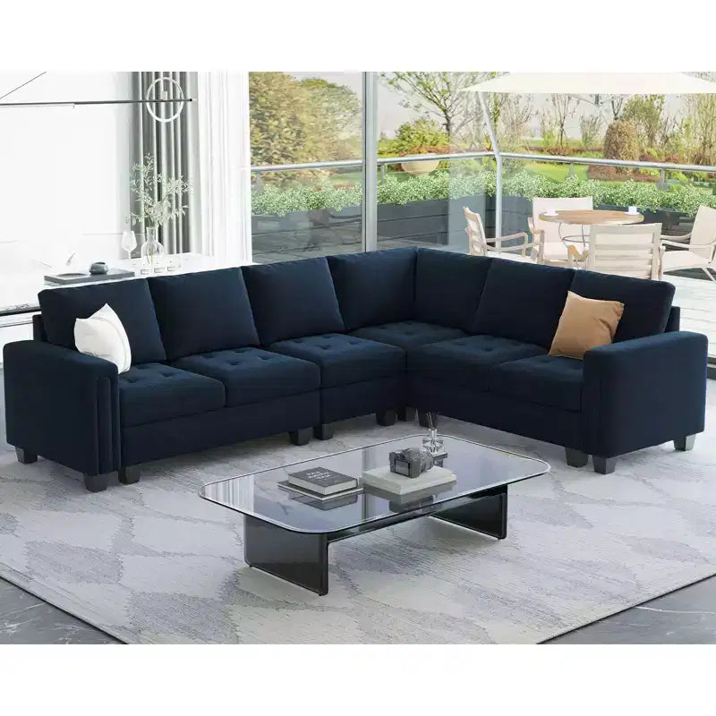 Belffin modulaire fluwelen bank met capitons in L-vorm, omkeerbare chaise longue, omvormbare modulaire hoekbankset met opbergpoef