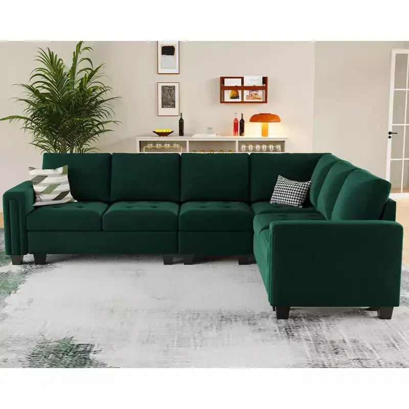 Belffin modulaire fluwelen bank met capitons in L-vorm, omkeerbare chaise longue, omvormbare modulaire hoekbankset met opbergpoef