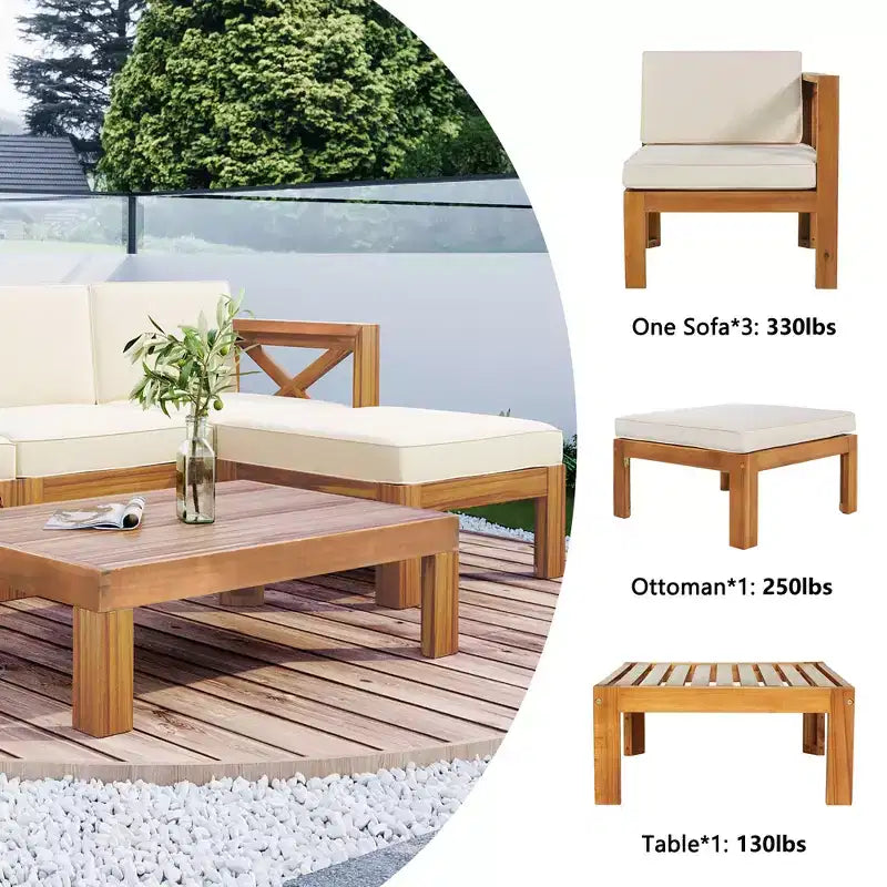Whisen 5-delige loungeset voor terras van natuurlijk hout met kussens voor buiten en de achtertuin