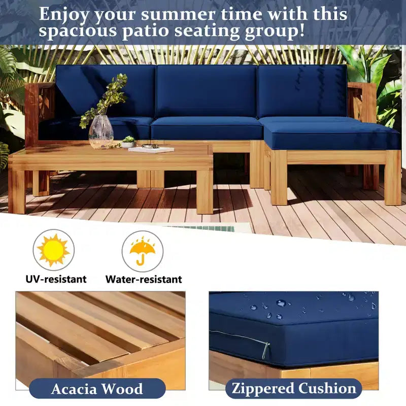 Whisen 5-delige loungeset voor terras van natuurlijk hout met kussens voor buiten en de achtertuin