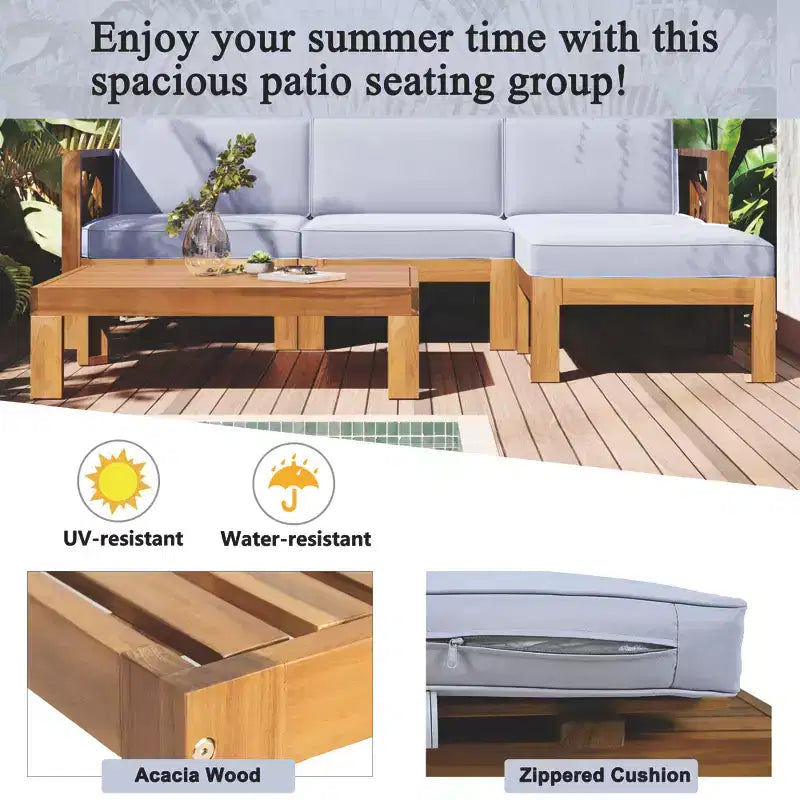 Whisen 5-delige loungeset voor terras van natuurlijk hout met kussens voor buiten en de achtertuin