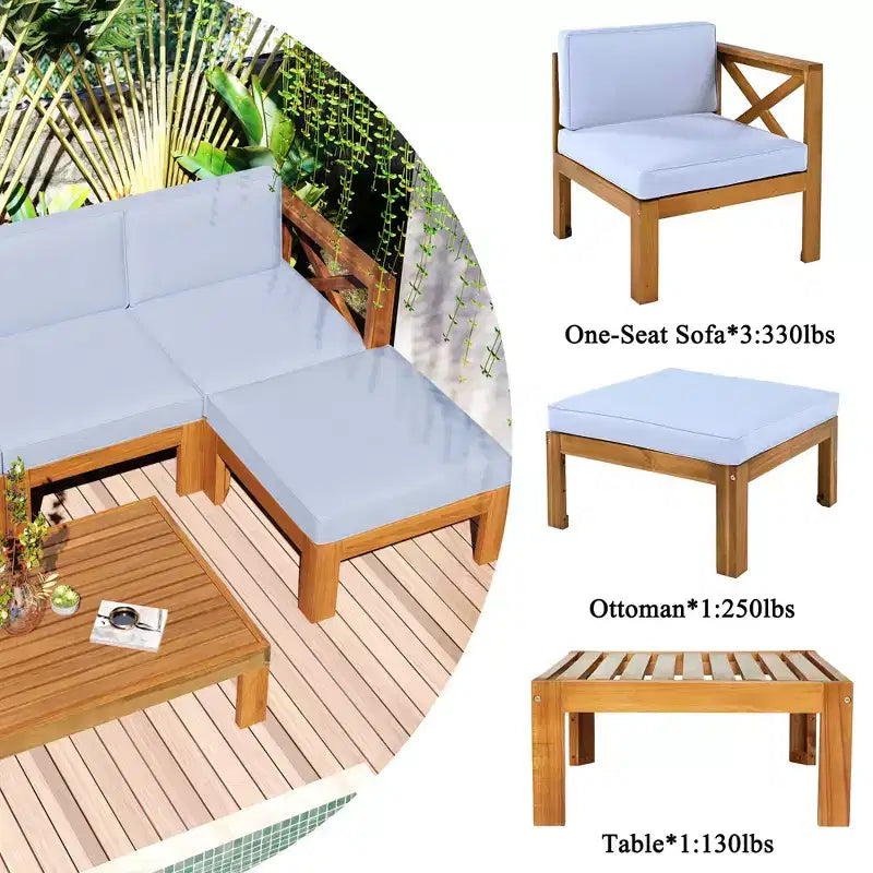 Whisen 5-delige loungeset voor terras van natuurlijk hout met kussens voor buiten en de achtertuin