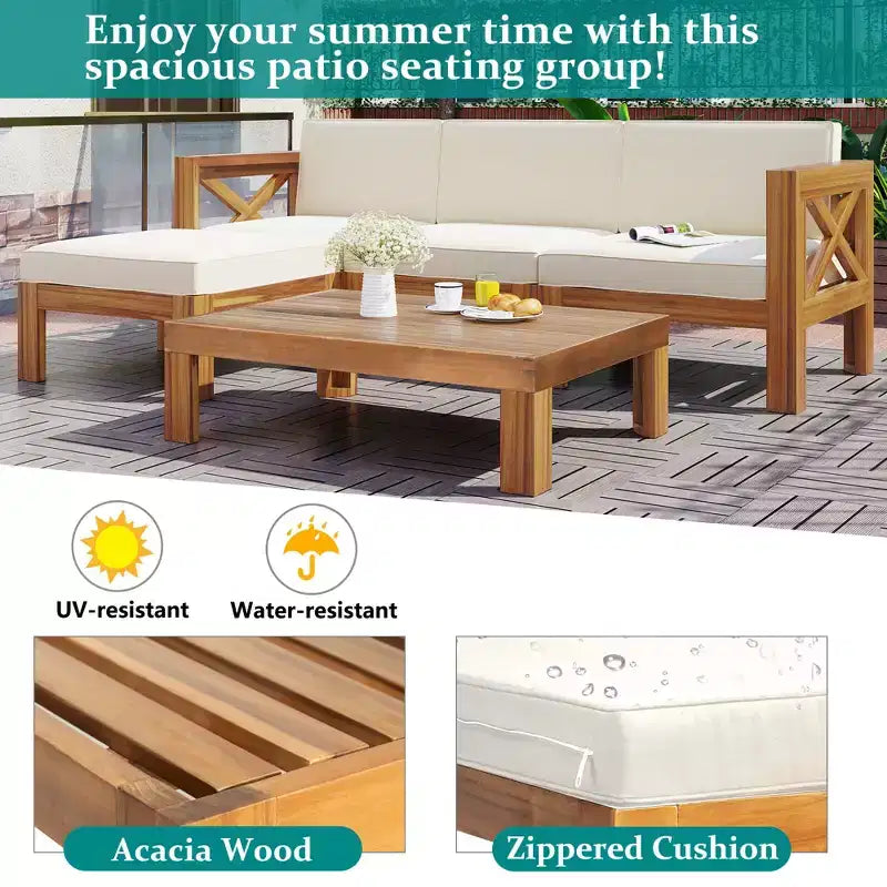 Whisen 5-delige loungeset voor terras van natuurlijk hout met kussens voor buiten en de achtertuin