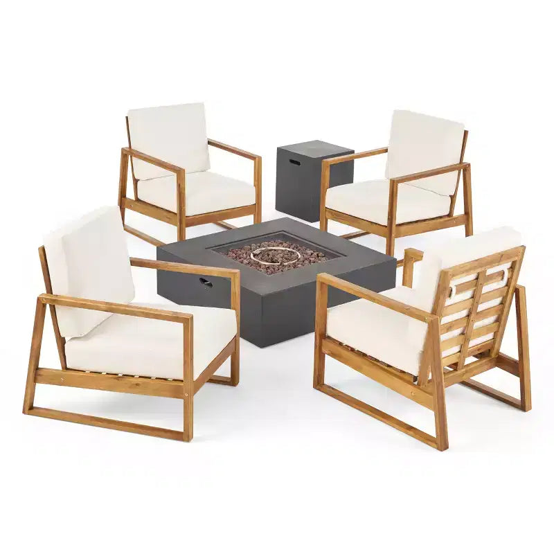 GDFStudio Lafayette 5-delige tuinset van acaciahout met clubfauteuils en vuurkorf, inclusief kussens