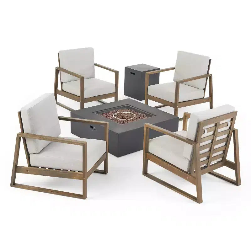 GDFStudio Lafayette 5-delige tuinset van acaciahout met clubfauteuils en vuurkorf, inclusief kussens