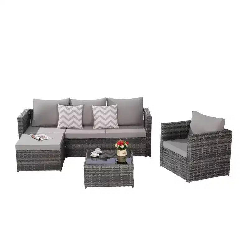 3-Piece Outdoor Patio Furniture Set: Woven L-Shaped Sectional with Single Sofa, Detachable Lounger, and Coffee Table for Cozy Conversations