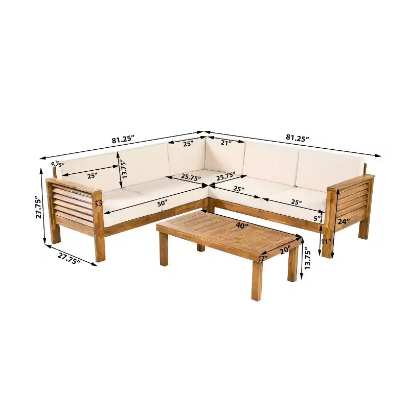 Christopher Knight Home Percy 4 Piece Patio Acacia Wood L Shape Upholstered Sectional Sofa Set with Coffee Table