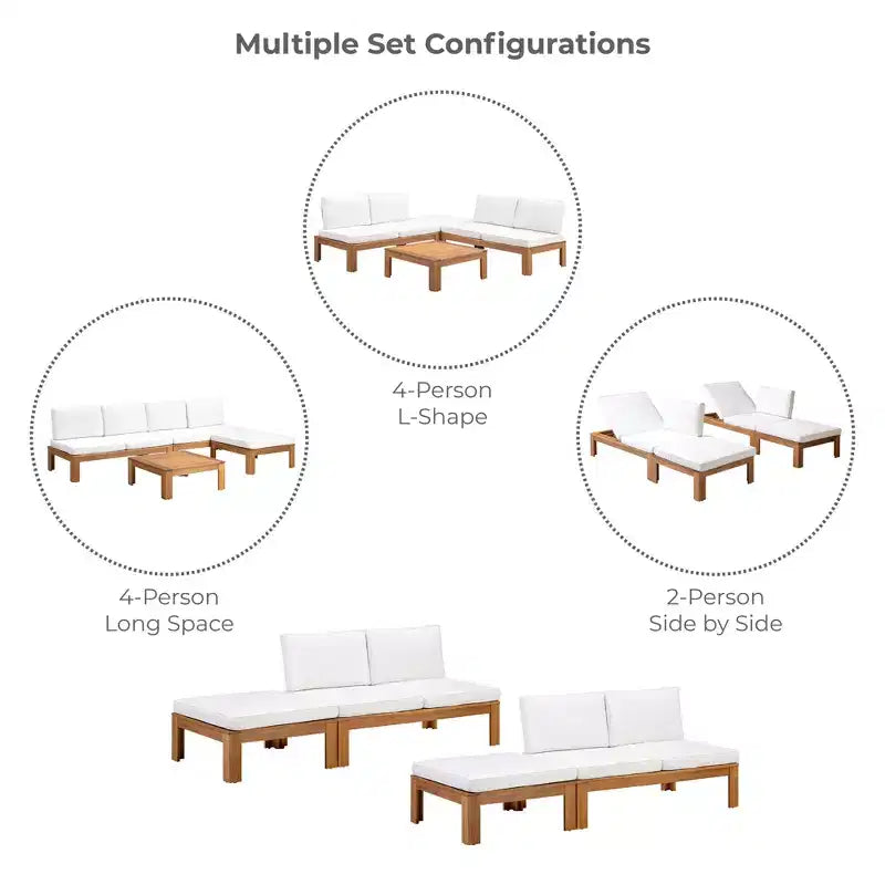 2 Piece Modular Sofa Set & Chaise Lounge Convertible with Natural Wood Finish - Teamson Home: Solid Acacia Frame & Outdoor Weather Resistant Cushions
