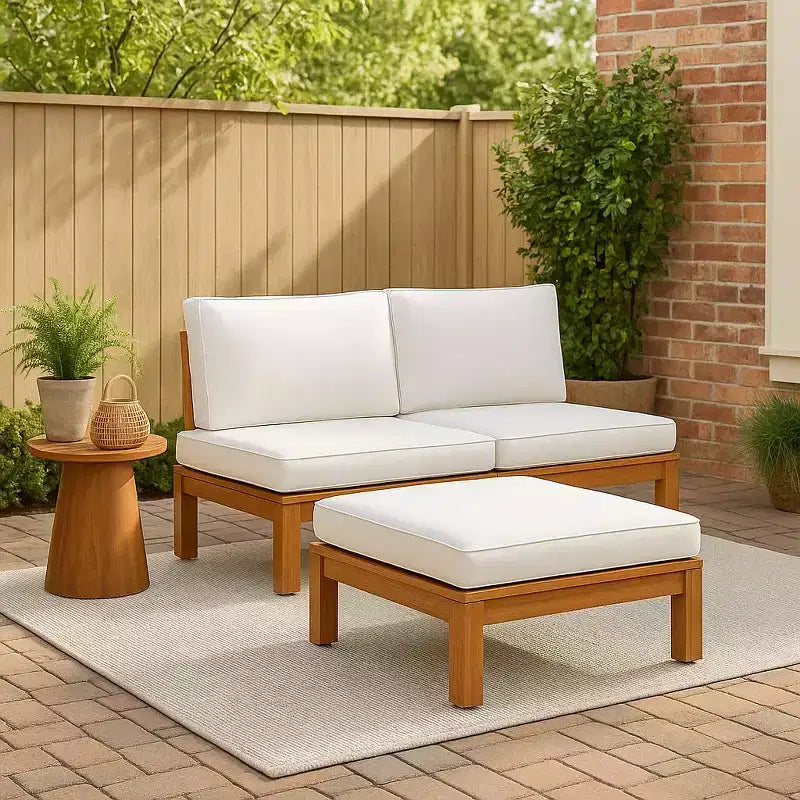 2 Piece Modular Sofa Set & Chaise Lounge Convertible with Natural Wood Finish - Teamson Home: Solid Acacia Frame & Outdoor Weather Resistant Cushions