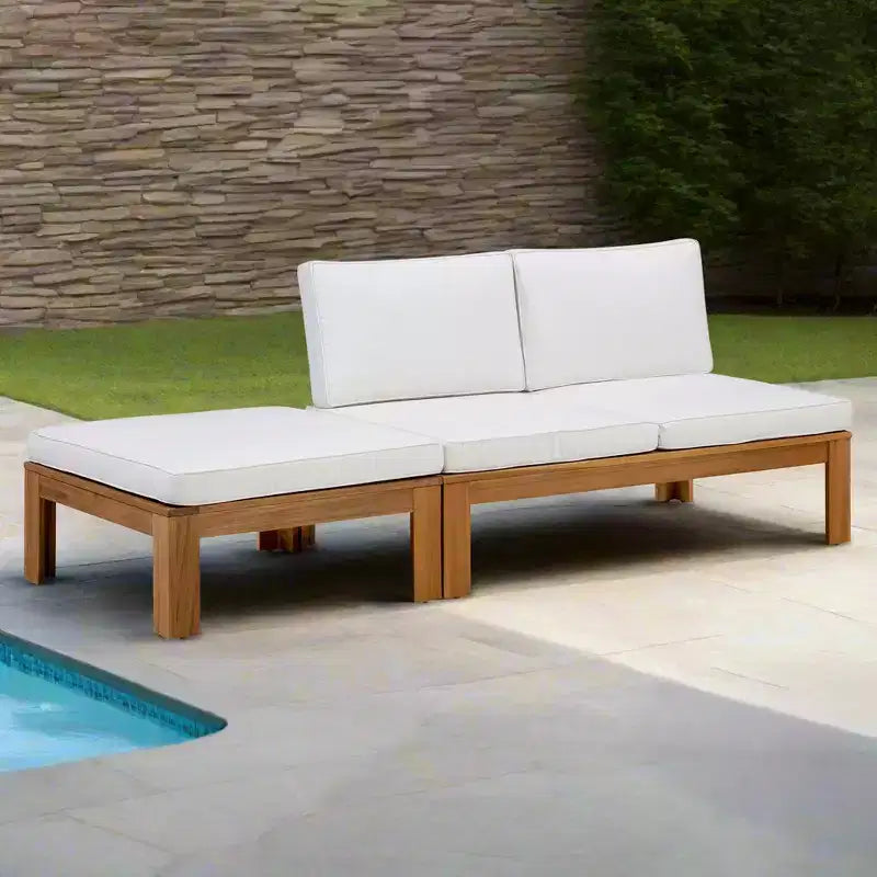 2 Piece Modular Sofa Set & Chaise Lounge Convertible with Natural Wood Finish - Teamson Home: Solid Acacia Frame & Outdoor Weather Resistant Cushions