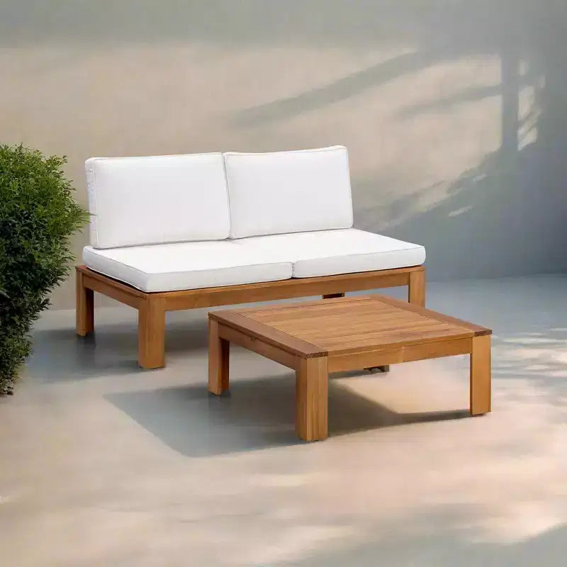 2 Piece Modular Sofa Set & Chaise Lounge Convertible with Natural Wood Finish - Teamson Home: Solid Acacia Frame & Outdoor Weather Resistant Cushions