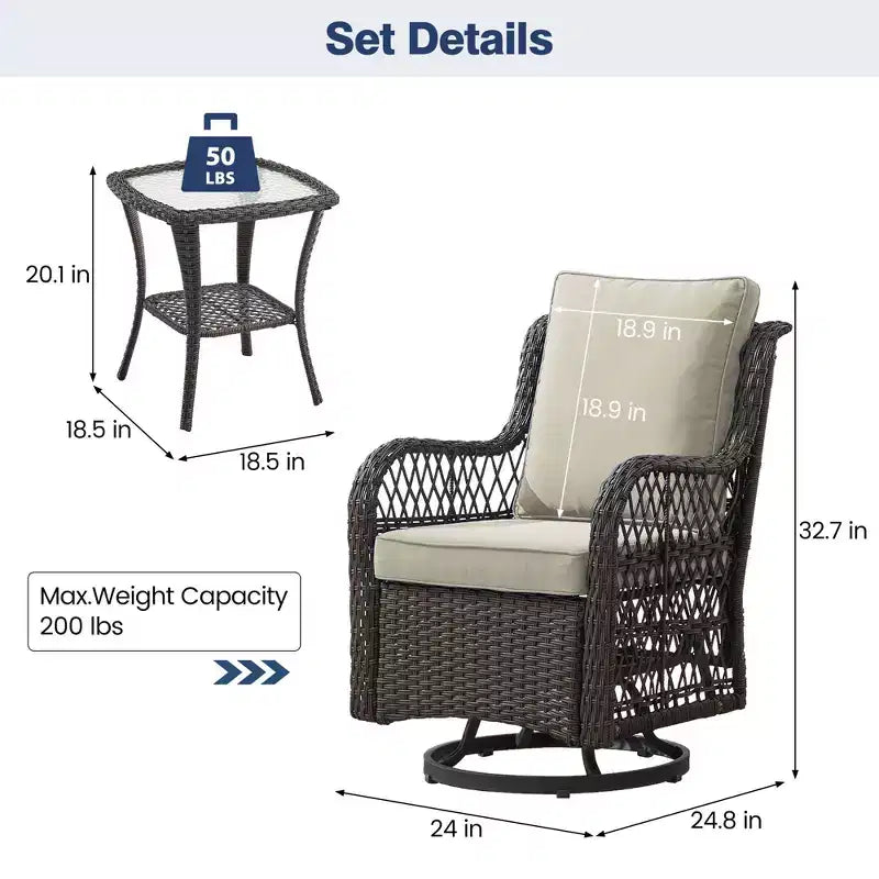 Acekool 3-delige set met draaibare schommelstoelen, bijzettafel en dikke kussens, meerdere kleuropties voor patio, veranda of bij het zwembad