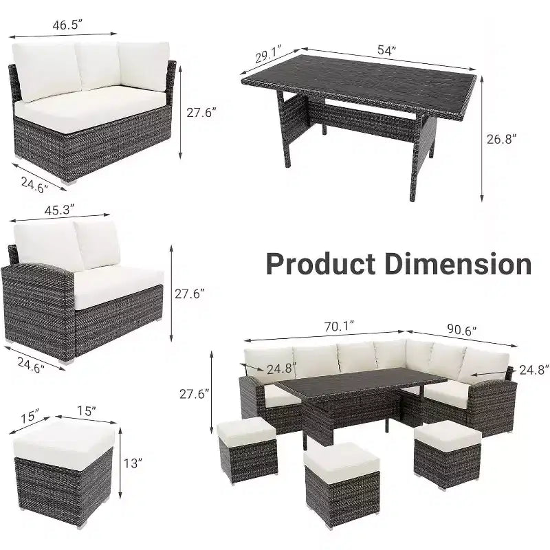 Acekool 7-delige tuinmeubelset voor buiten met grijs PE-rattan, kussens en glazen tafel voor veranda, balkon en achtertuin