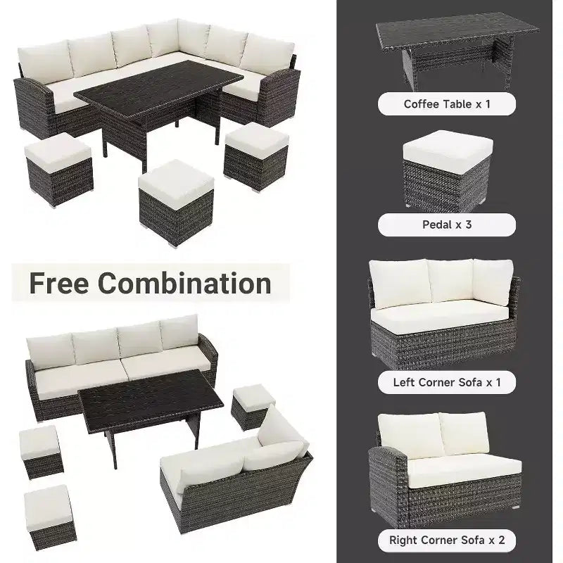Acekool 7-delige tuinmeubelset voor buiten met grijs PE-rattan, kussens en glazen tafel voor veranda, balkon en achtertuin