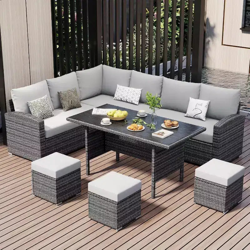 Acekool 7-delige tuinmeubelset voor buiten met grijs PE-rattan, kussens en glazen tafel voor veranda, balkon en achtertuin