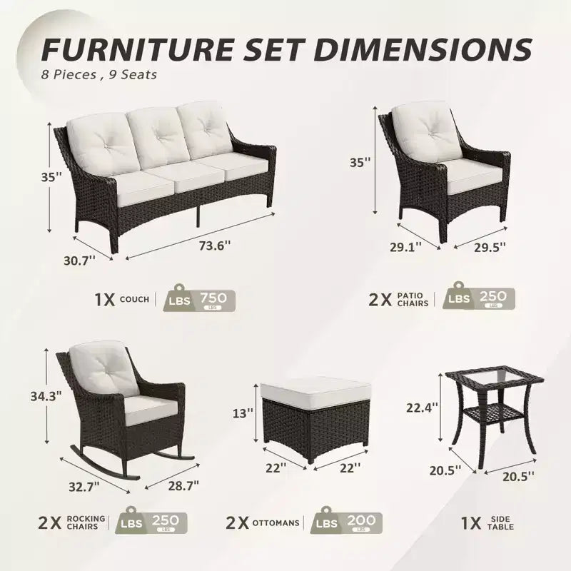 EAGLE PEAK Azure Bay 8 Pieces Wicker Outdoor Patio Furniture Set, Sofa 4 Chairs with Ottomans and Side Table