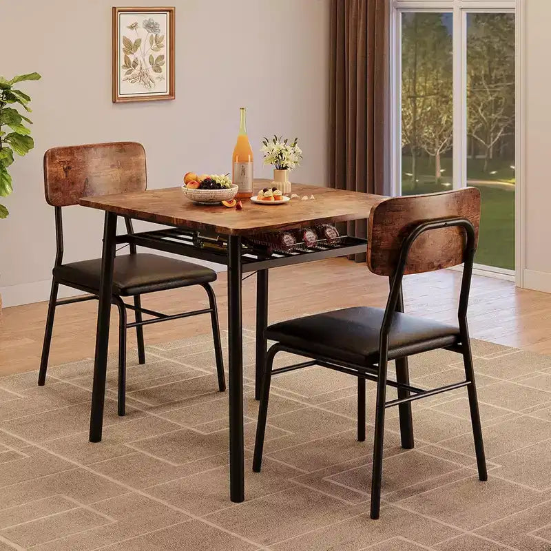 3-Piece Dining Set for 2 with Storage Rack  Metal Frame Square Table & Upholstered Chairs, Space-Saving Apartment Kitchen Set