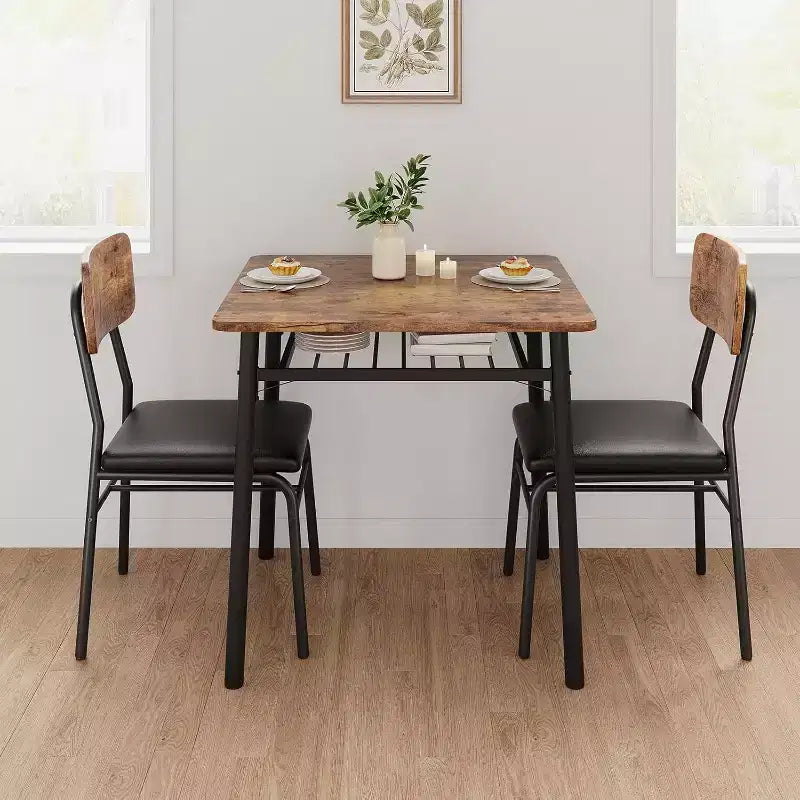 3-Piece Dining Set for 2 with Storage Rack  Metal Frame Square Table & Upholstered Chairs, Space-Saving Apartment Kitchen Set